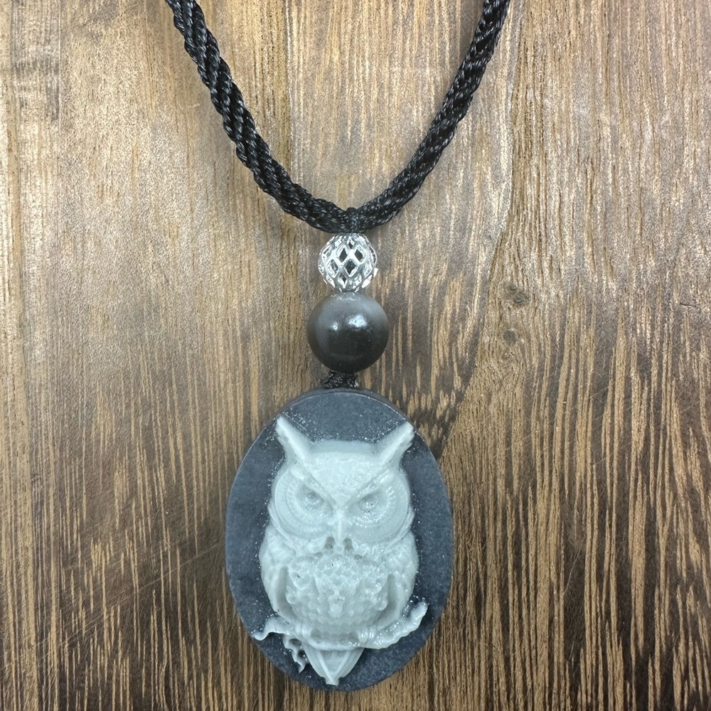 Tai Chi Stone Owl Pendant Necklace on Black Adjustable Rope - Picture 4 of 9